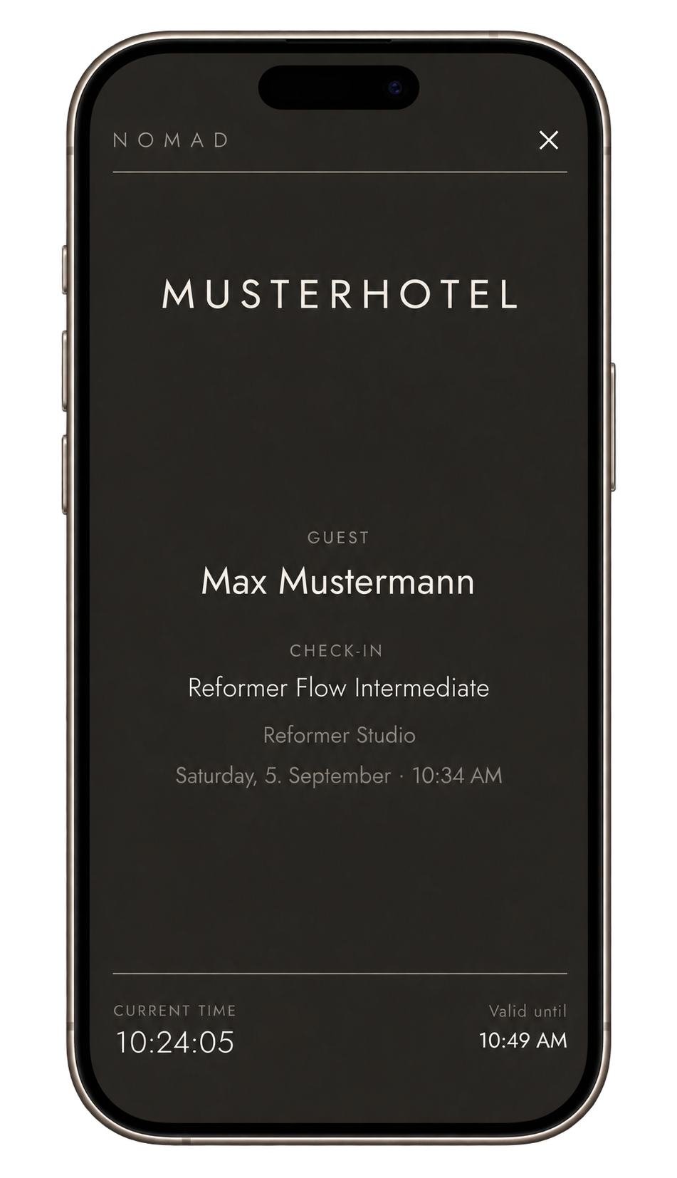 The NOMAD partner check-in screen on a phone, showing the guest name, the booked class and the time it is valid until