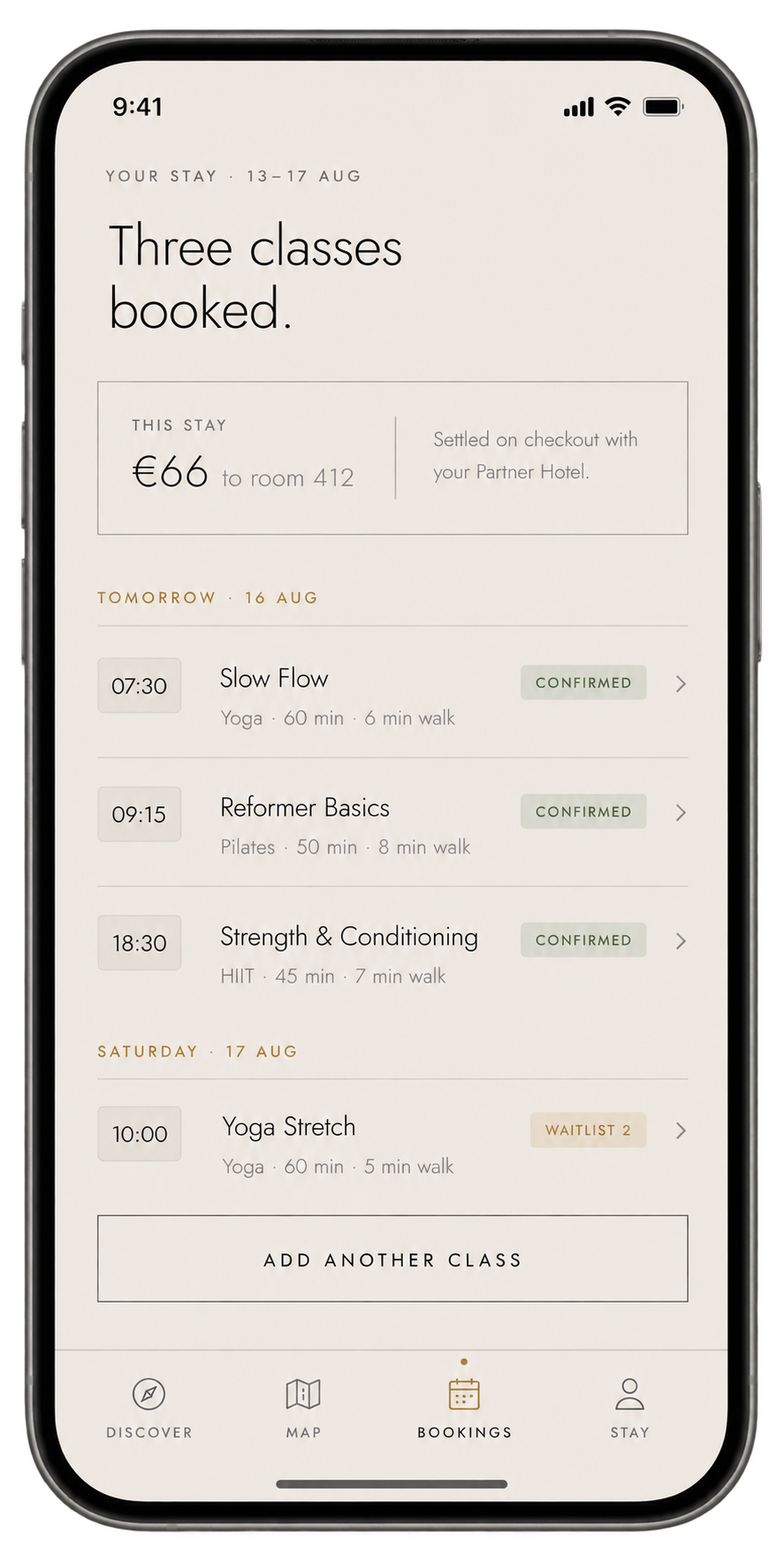 NOMAD app screen showing your booked classes settled to your hotel room