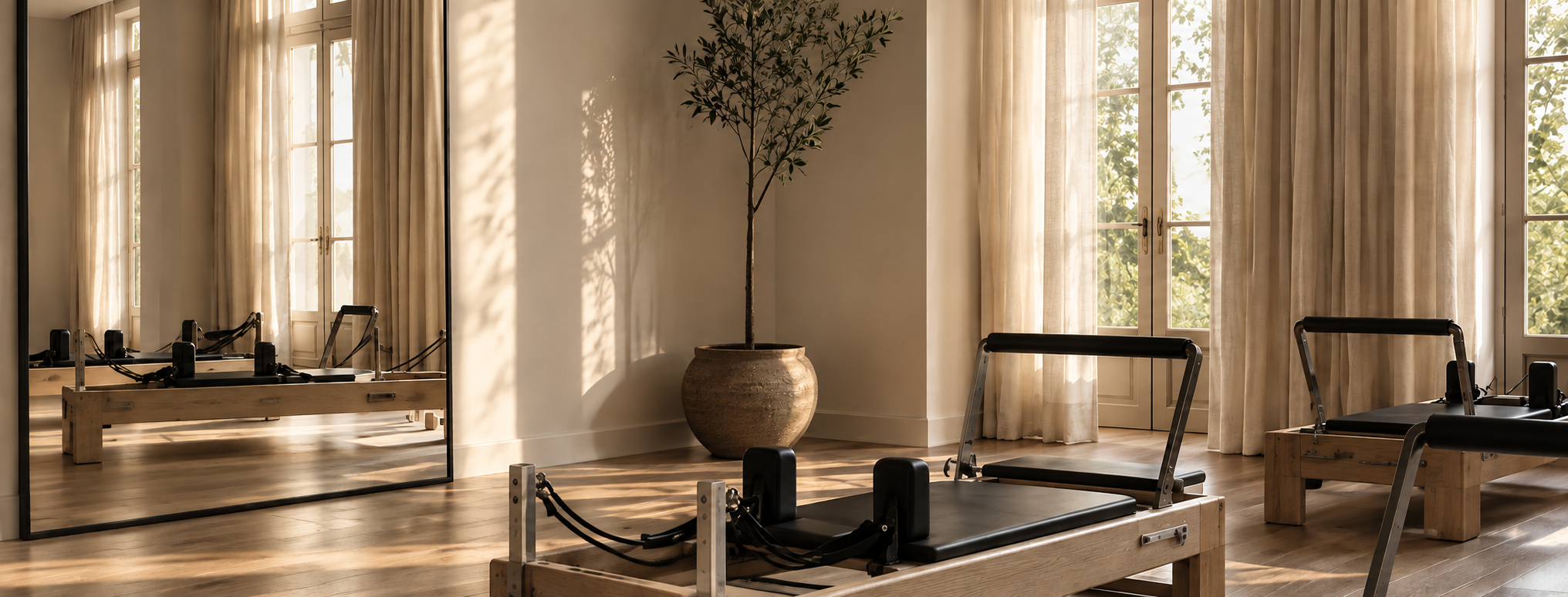 A quiet premium Pilates studio with reformer machines in warm natural light